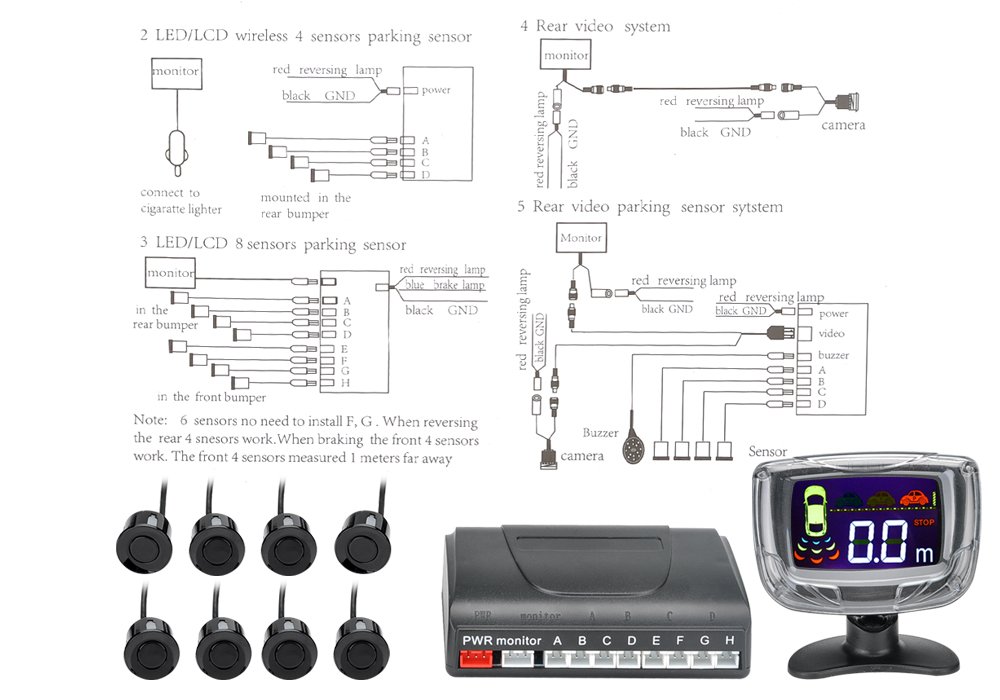BW Sistema de estacionamiento de 8 sensores ultrasónicos, pantalla LCD de 2 pulgadas, alerta de audio, distancia de detección de 0,3 a 2,5 m.