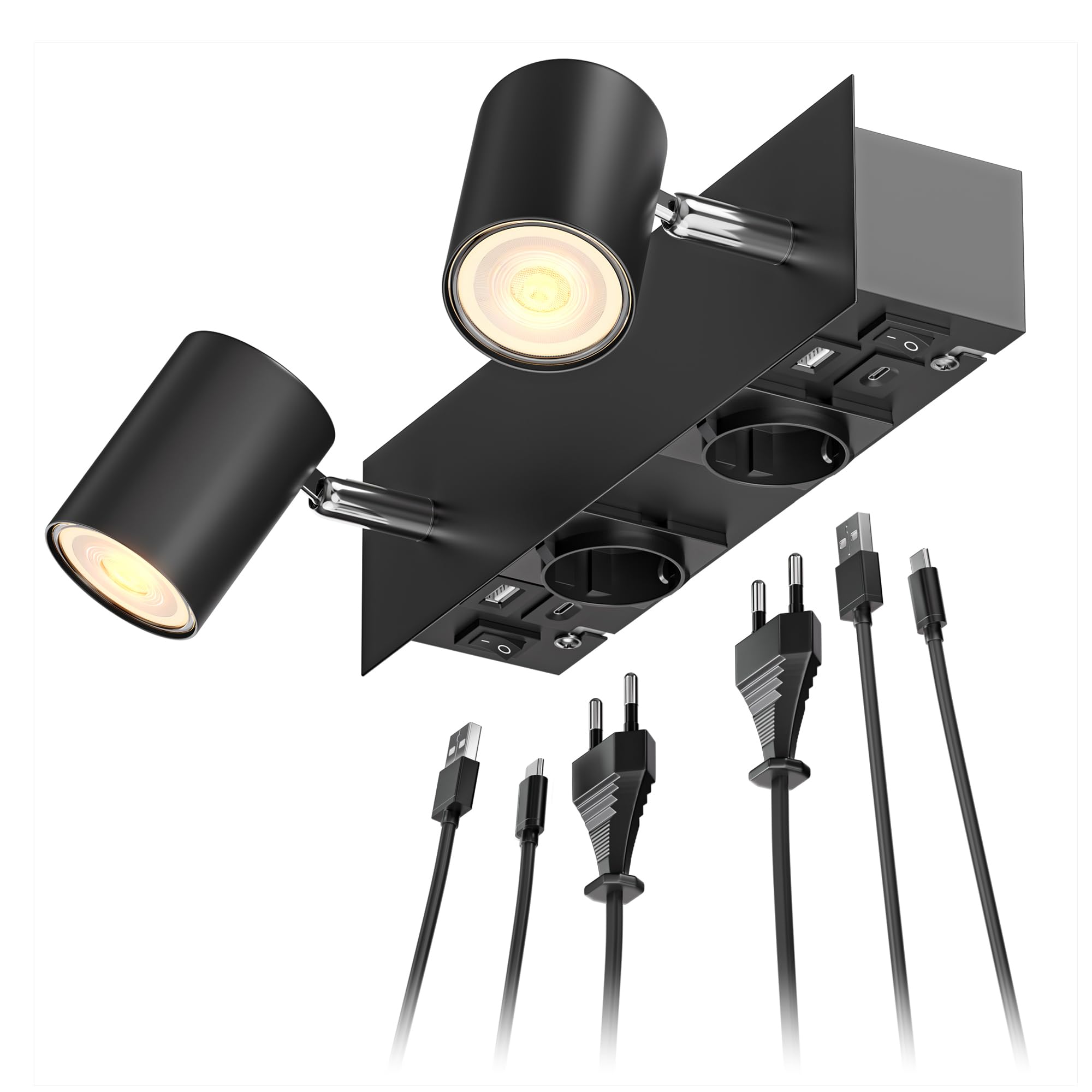 ledscom.de Wandspot WAIKA, 2-flammig, schwarz, Steckdosen, USB-C, USB-A, inkl. LED GU10 Lampen, 3-Stufen-Dimmer, je 374lm, 70°, warmweiß