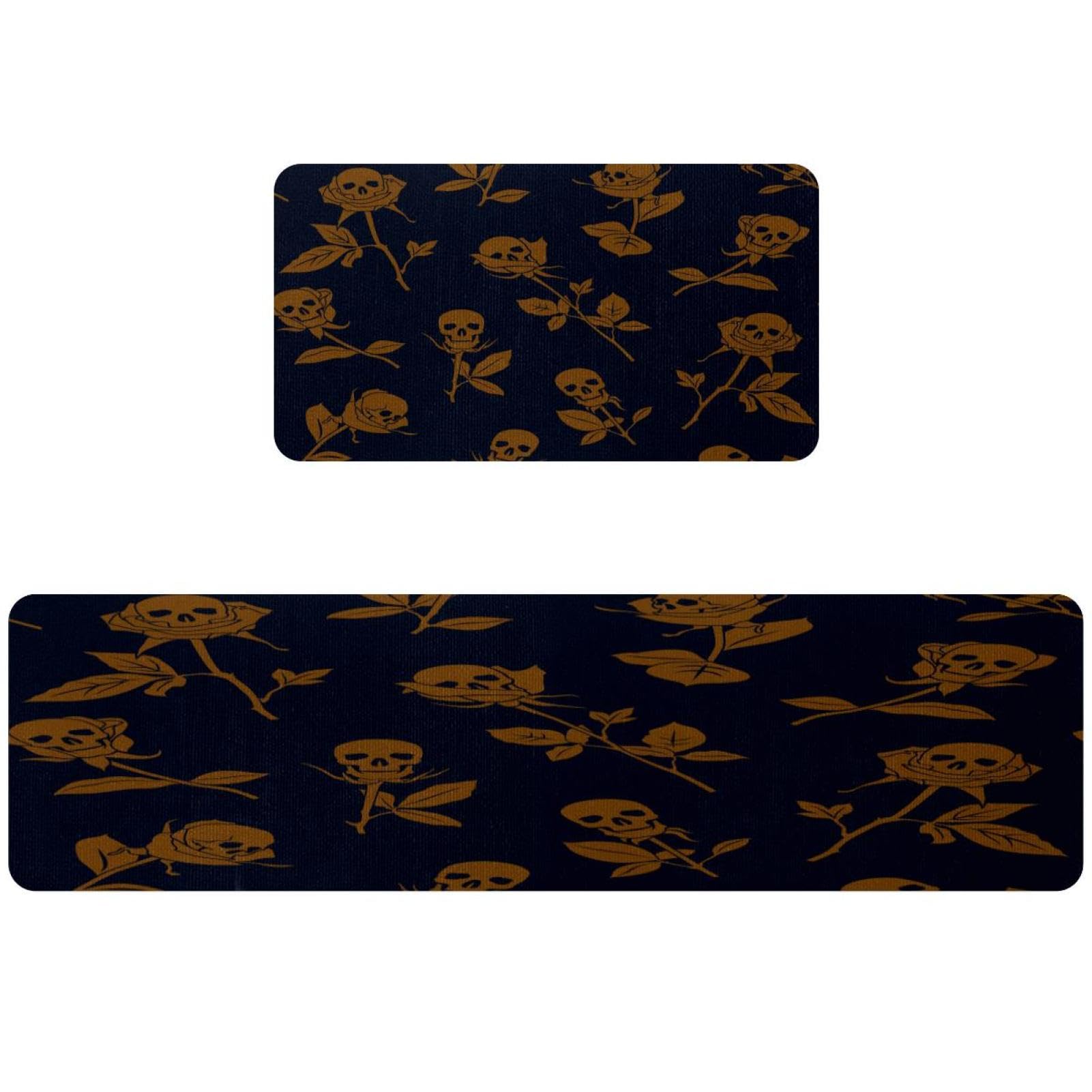 2 alfombrillas de cocina con calaveras y rosas lavables