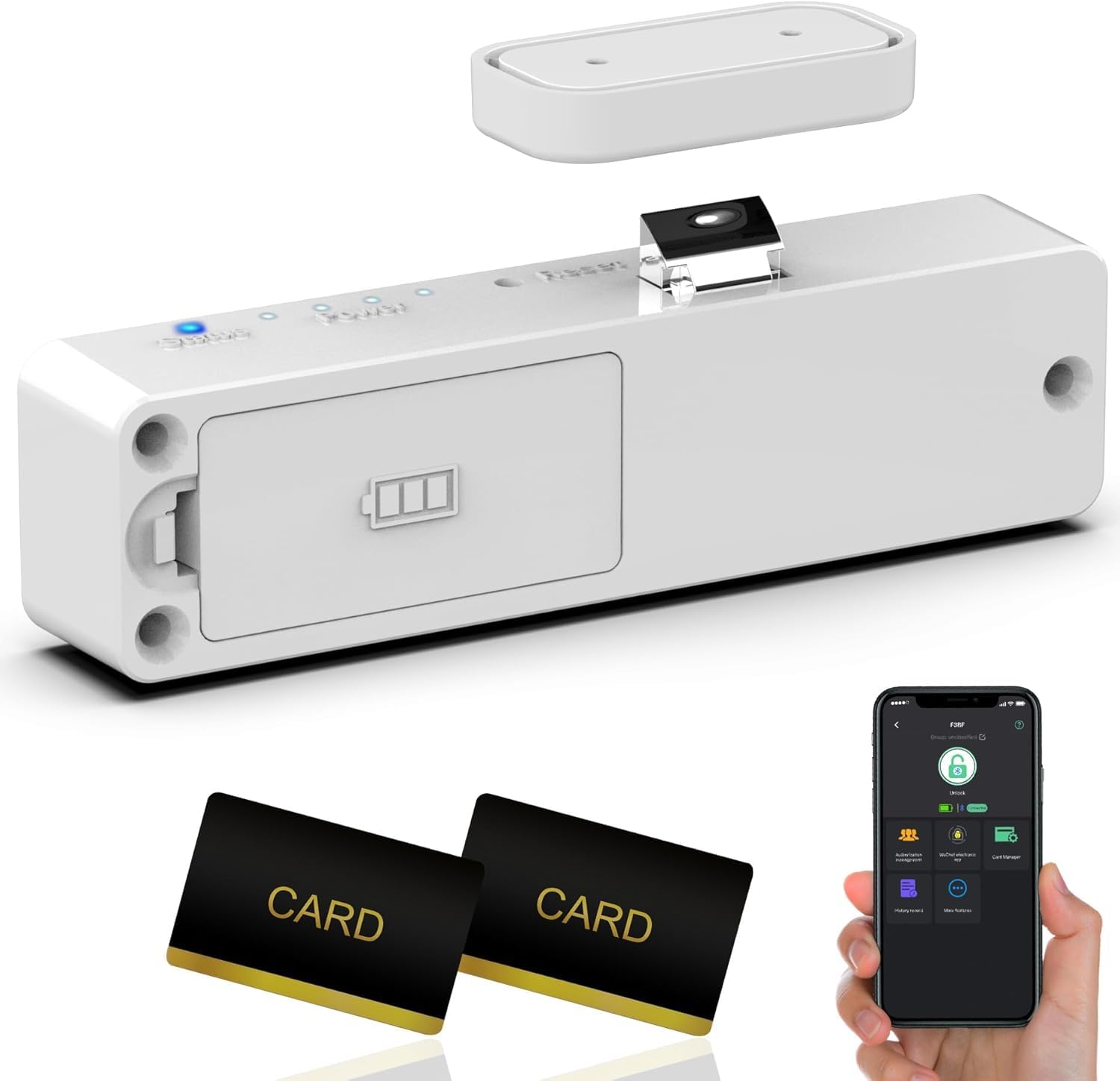 Unsichtbares Schrankschloss mit App & RFID – Bohrerfreie Kindersicherung – 5-in-1 Smart Lock für Schubladen & Schränke (NFC, Bluetooth, Fernzugriff) – Klebemontage, Weiß