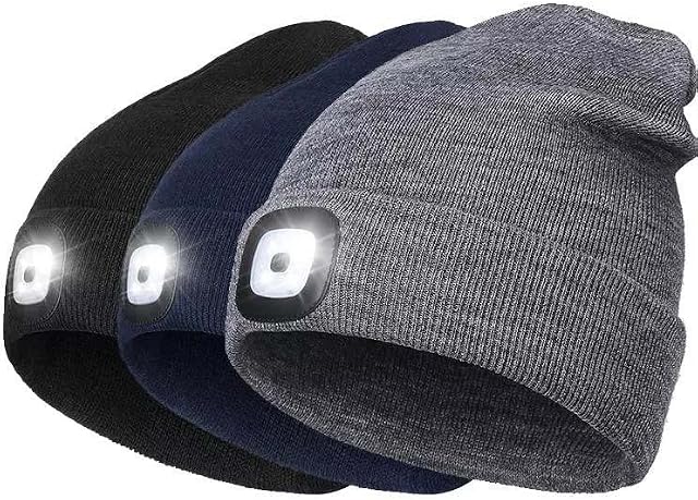 Lighted Beanie Cap Rechargeable Beanie Hat with Rechargeable Torch Light Built in Super Bright 4 LED Head Rechargeable Torch Lamp Hat Unisex One Size Fits All Grey