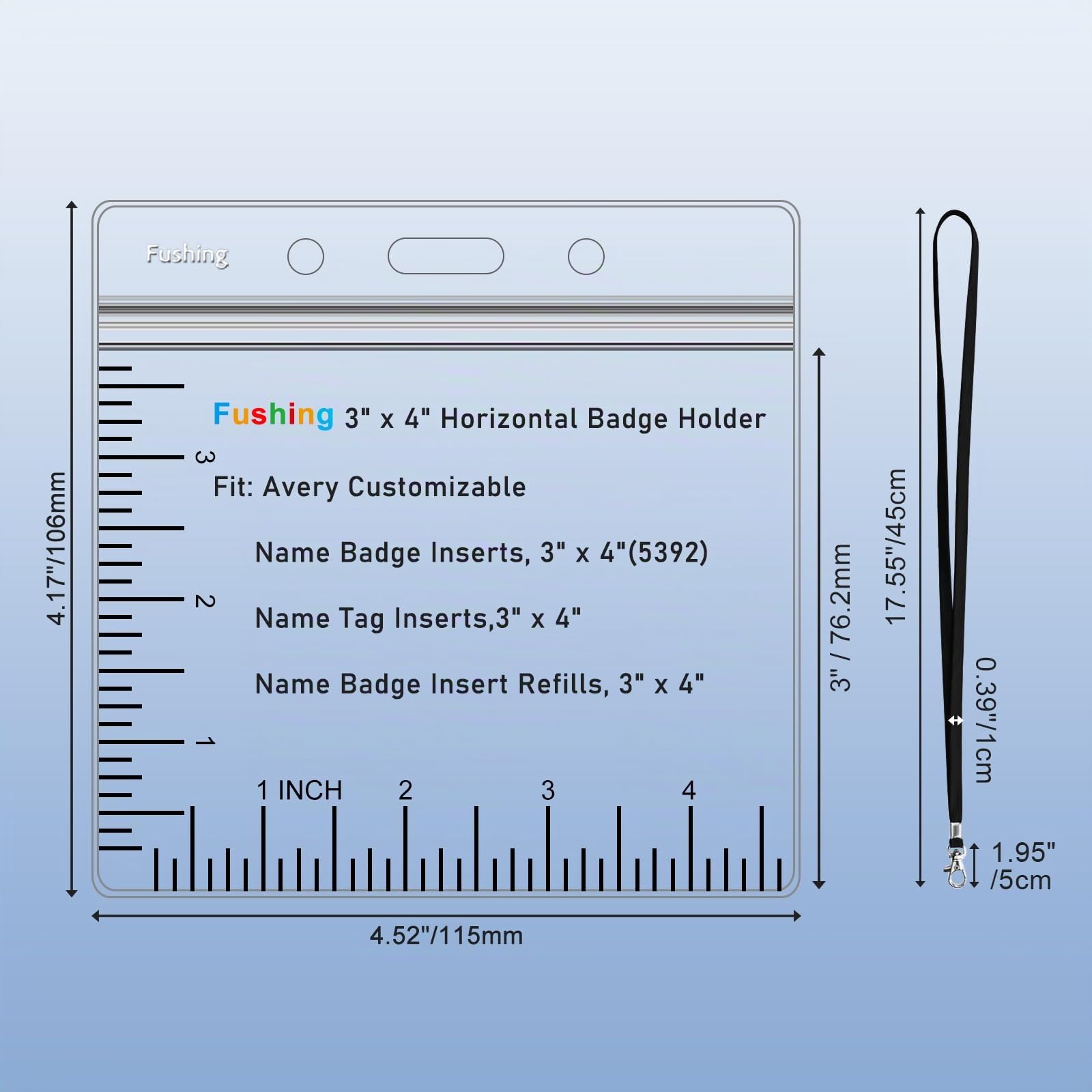 Fushing 50 para tarjetas de identificación horizontales de plástico transparente con cordones para tarjetas de identificación y cordones para insertos de identificación de 7,6 x 10,2 cm