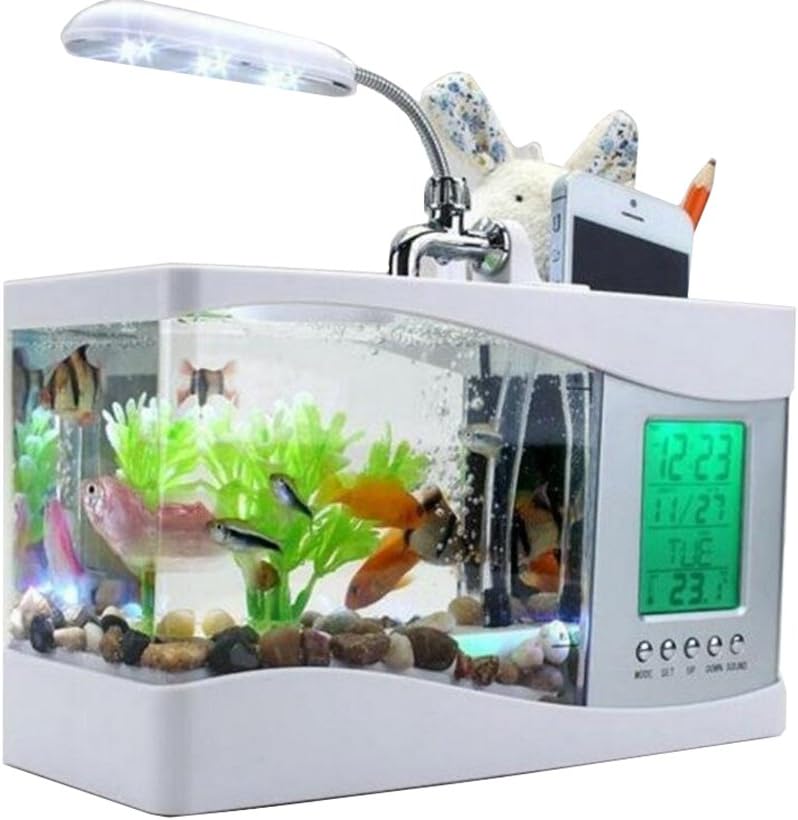 Anself Mini USB LCD Desktop Lamp Fish Tank Aquarium LED Clock with 6 Modes of Tranquil Nature Sounds, Fish Tank Ornaments, White