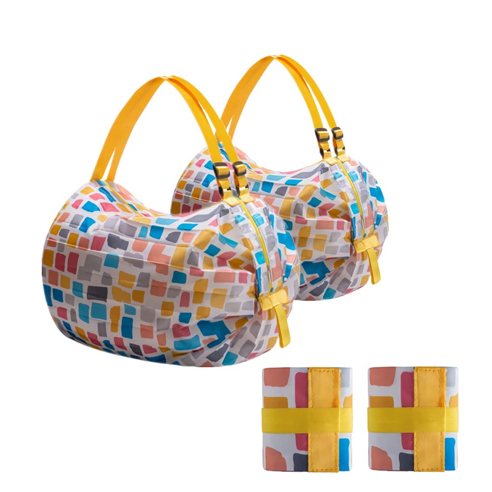 Woonsoon 2-Pcs Reusable Grocery Bags with Handles Foldable Washable Shopping Waterproof Large Capacity Tote Bag (yellow square)