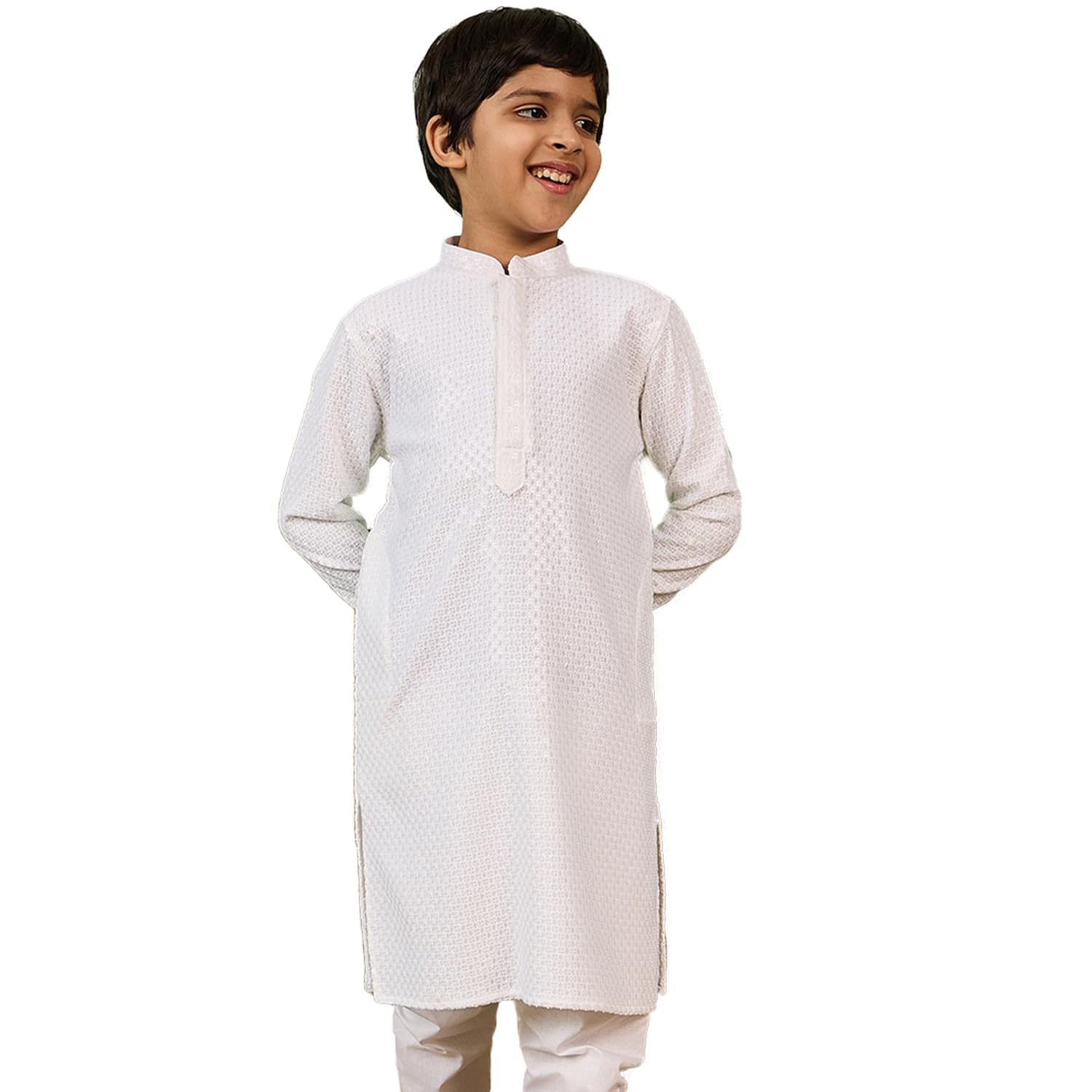 Sanwara Dapper & Dazzling Boys Solid White Chikankari with Sequins Cotton Kurta (30)