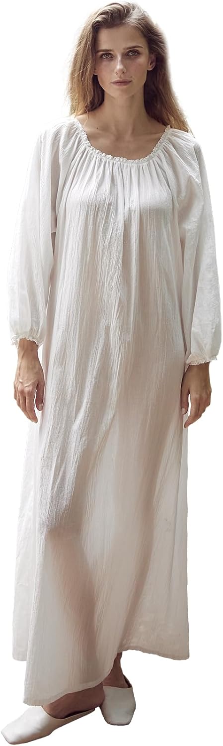 BEAUTELICATE Women Victorian Nightgown Long Sleeve 100% Cotton Sleepwear Voluminous Nightdress