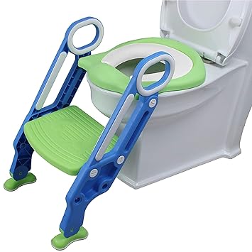 BLEQYS Potty Training Toilet Seat with Step Stool Ladder for Boy and Girl Baby Toddler Kid Children Toilet Training Seat Chair with Padded Seat Non-Slip Wide Step (Blue&Green)