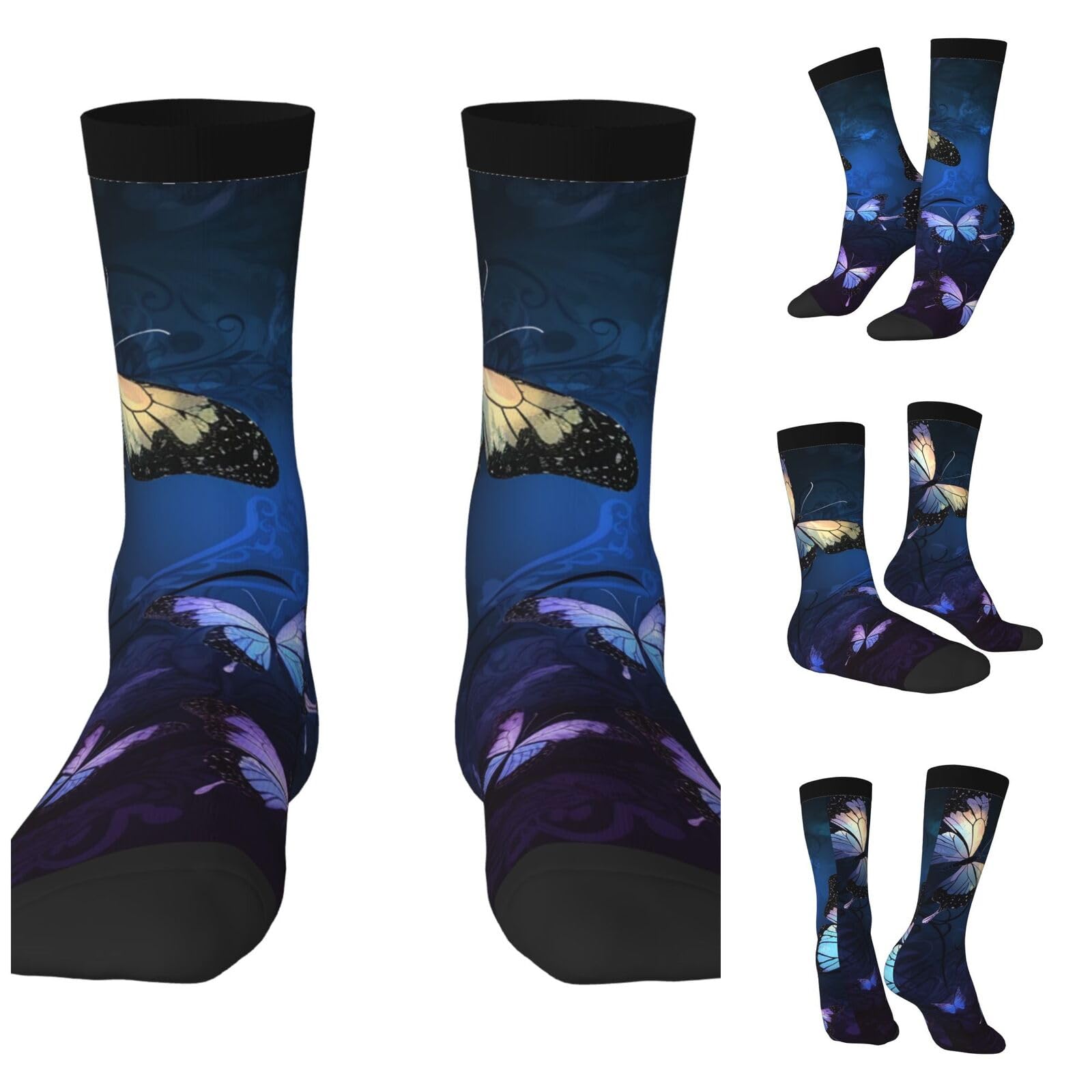 LZQPOEAS Background with Night Butterflies Athletic Socks Unisex Cushioned Crew Socks Hiking Running Calf Sock Soft Above Ankle Sock