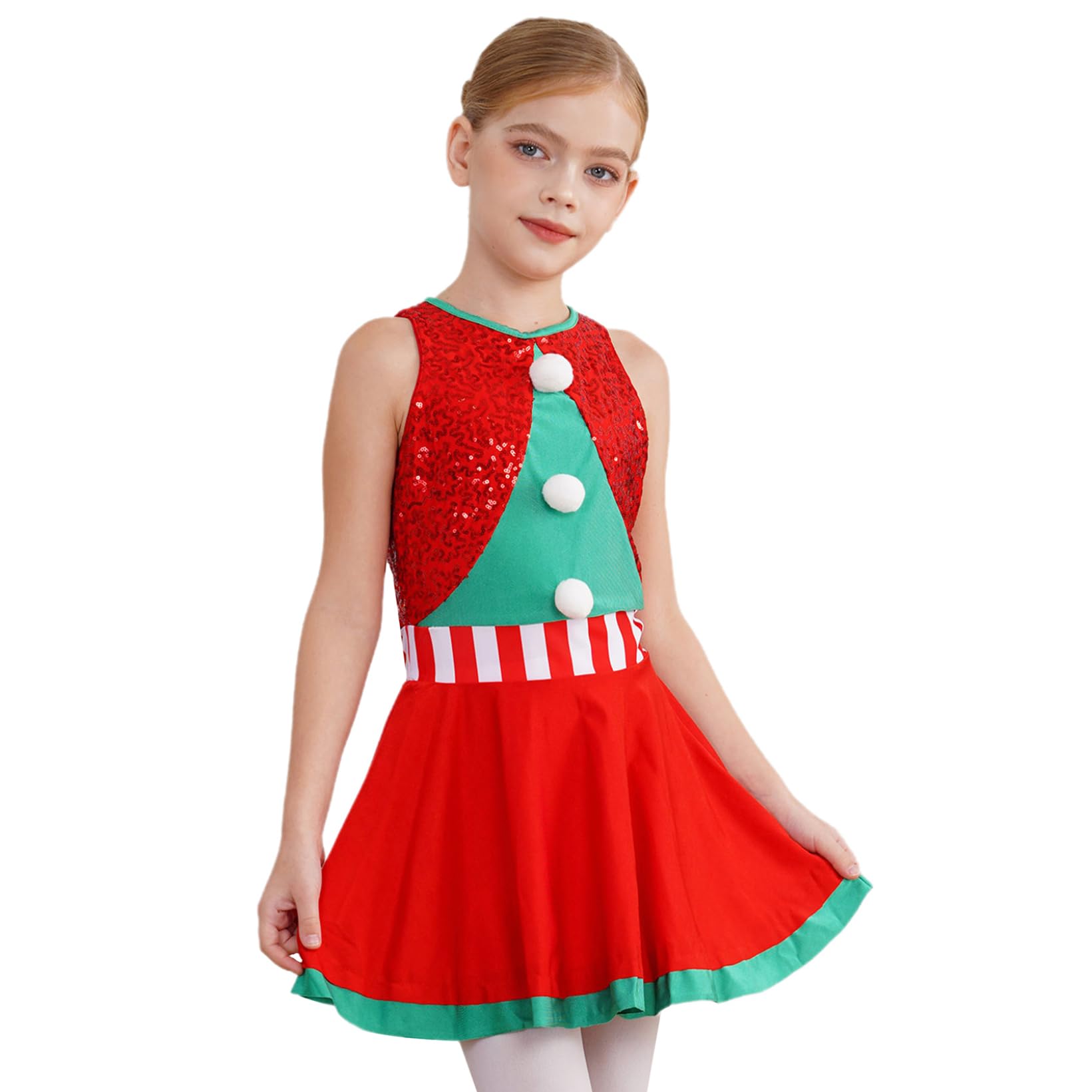 JanJean Kids Girls Christmas Elf Sequin Figure Ice Skating Dress Xmas Holiday Solo Show Themed Party Fancy Dress Up Red 12 Years