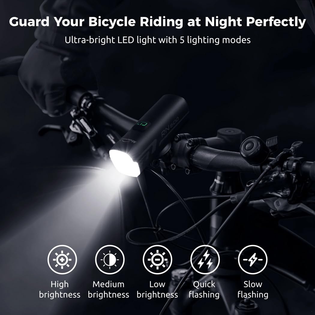 Luce anteriore a LED, 600 lumen, ricaricabile tramite USB, con 5 modalità, impermeabile, IPX7, per guida notturna