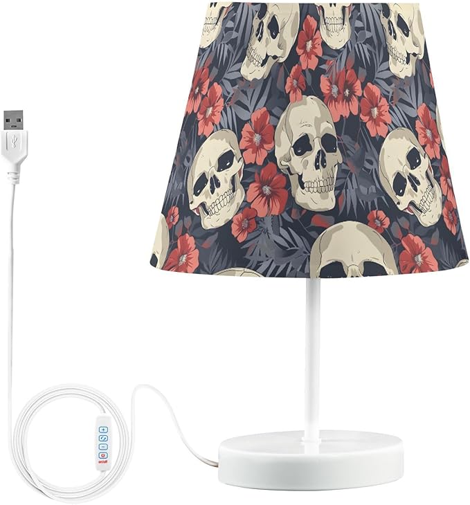 ALAZA Palm Leaf Sugar Skull Blossom Decor Bedside Table Lamp with USB Port 3 Color Temperatures LED Desk Lamp for Bedroom Office M