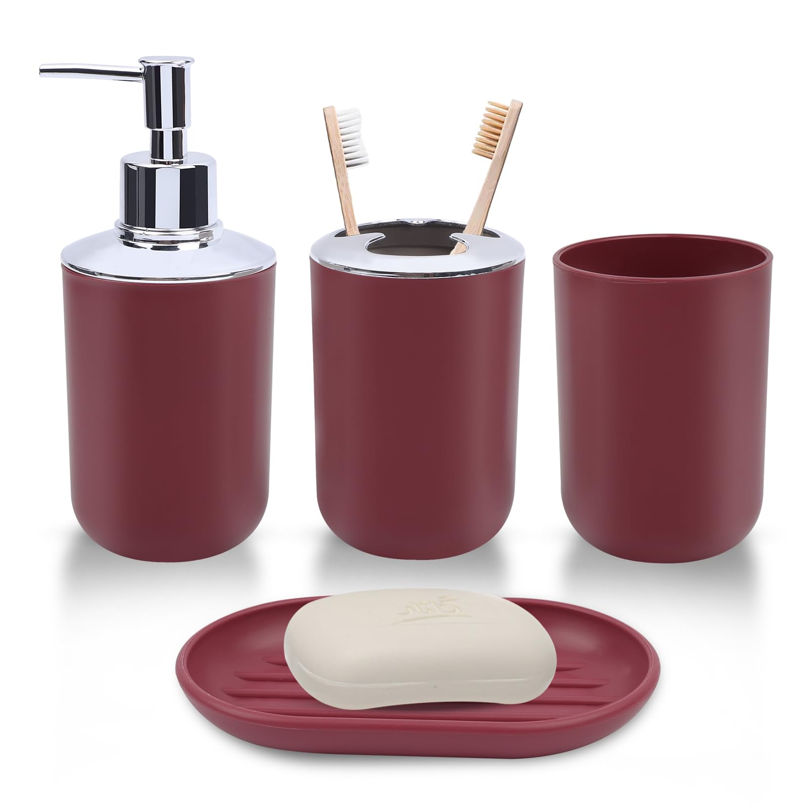 4 Piece Bathroom Accessories Set, Plastic Bathroom Accessory Set, Toothbrush Holder, Toothbrush Cup, Soap Dispenser, Soap Dish, Red