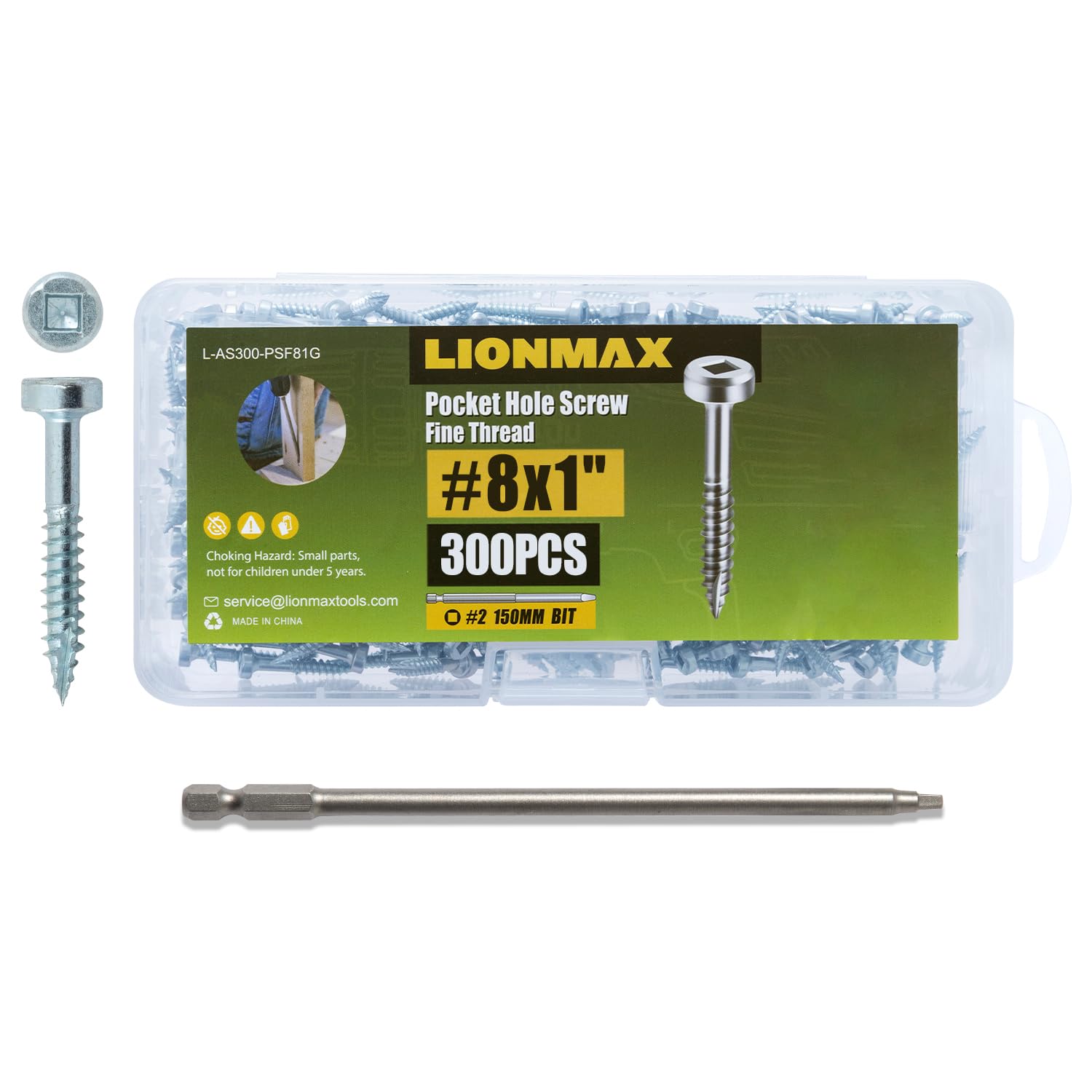 LIONMAX Pocket Hole Screws Fine Thread 1 Inch, 300 PCS Interior Pocket Screw #8 x 1, Square Drive, Washer Head, Zinc Plated, for Hardwood, 150MM Drive