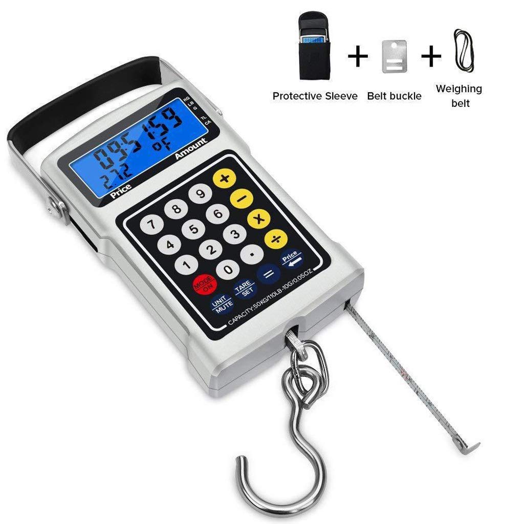 Bilance da cucina, bilance da pesca digitali, bilancia per bagagli LCD retroilluminata da 50 kg/110 libbre con funzione di calcolo del gancio Misuratore di nastro Scala dei prezzi multifunzione