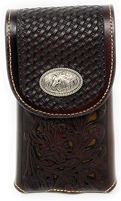 Texas West Western Cowboy Tooled Floral Leather Horse Concho Belt Loop Cell Phone Holster Case in 4 Colors (Coffee)