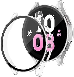 جراب بولي كربونات صلب بشاشة حماية من زجاج مقوى مدمجة مضادة للسقوط والخدوش لساعة سامسونج جالاكسي 5 40/44/46 ملم ساعة المنفو شفاف 44