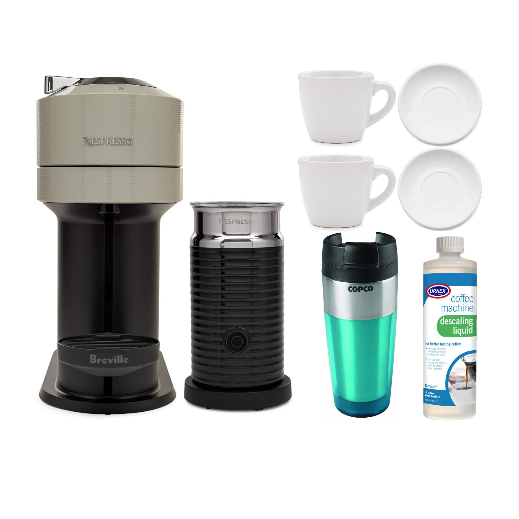 Nespresso Vertuo Next Coffee and Espresso Machine (Light Gray) with 2 Cup and Saucer Sets, Descaling