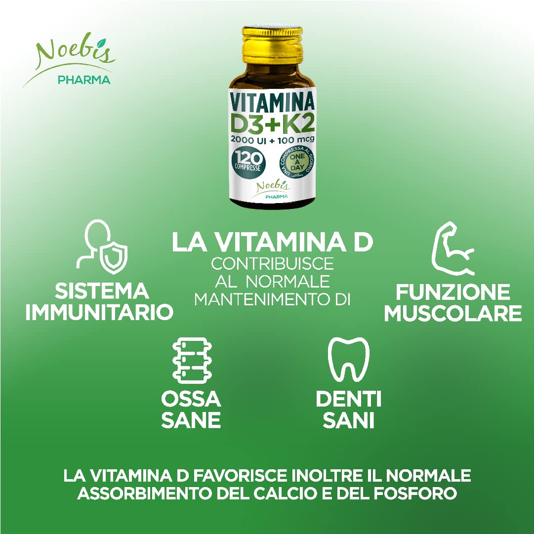 Vitamina D3 K2-120 Compresse Fornitura per 4 Mesi - Vitamin D3 2000 UI + 100 µg Vitamina K Supporto per Ossa Denti Muscoli Articolazioni Sistema Immunitario - Vit D3 e Vitamina K2 Menachinone MK7