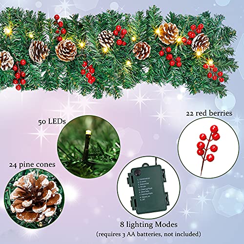 Guoou 9 Foot Christmas Lighted Garland, Battery Operated Christmas Garland With Lights, Pre Lit Garland Wreath For Indoor Home Winter Holiday New Year Xmas Decorations #TOP2