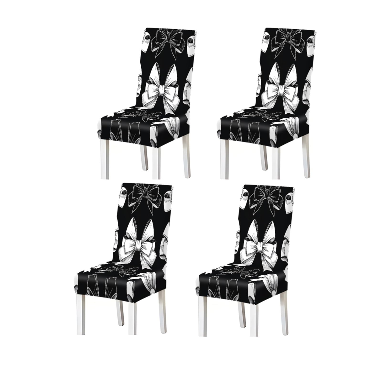 BOSUYBN Black White Bow Pattern Print Stretch Dining Chair Covers Set Of 2/4/6, Slipcovers For Kitchen Dining Room Living Room Café Party Furniture Protectors for Home Dining Room(4PCSChair cover)