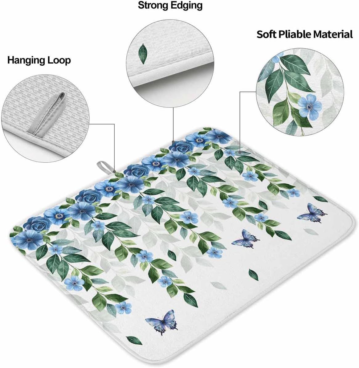 Dish Drying Mat for Kitchen, Summer Blue Flowers Butterfly Leaf Pastoral Style Absorbent Dish Drying Pad, Kitchen Counter Mat for Dishes Utensils Camping, 16"x18"(2 Pcs)