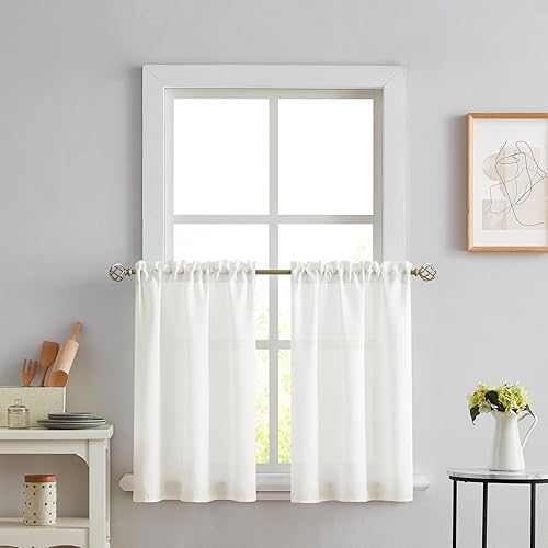 Miniatura 10 de Melodieux Cortinas semitraslúcidas de 24 pulgadas de largo para cocina, cafetería, dormitorio, ventanas pequeñas, aspecto de lino, bolsillo para
