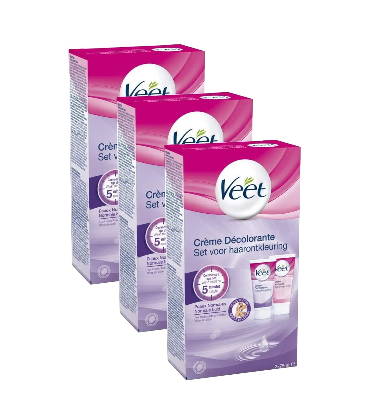 VEET 3 cremas decolorantes para rostro y cuerpo, 1 caja de 2 tubos de 75 ml