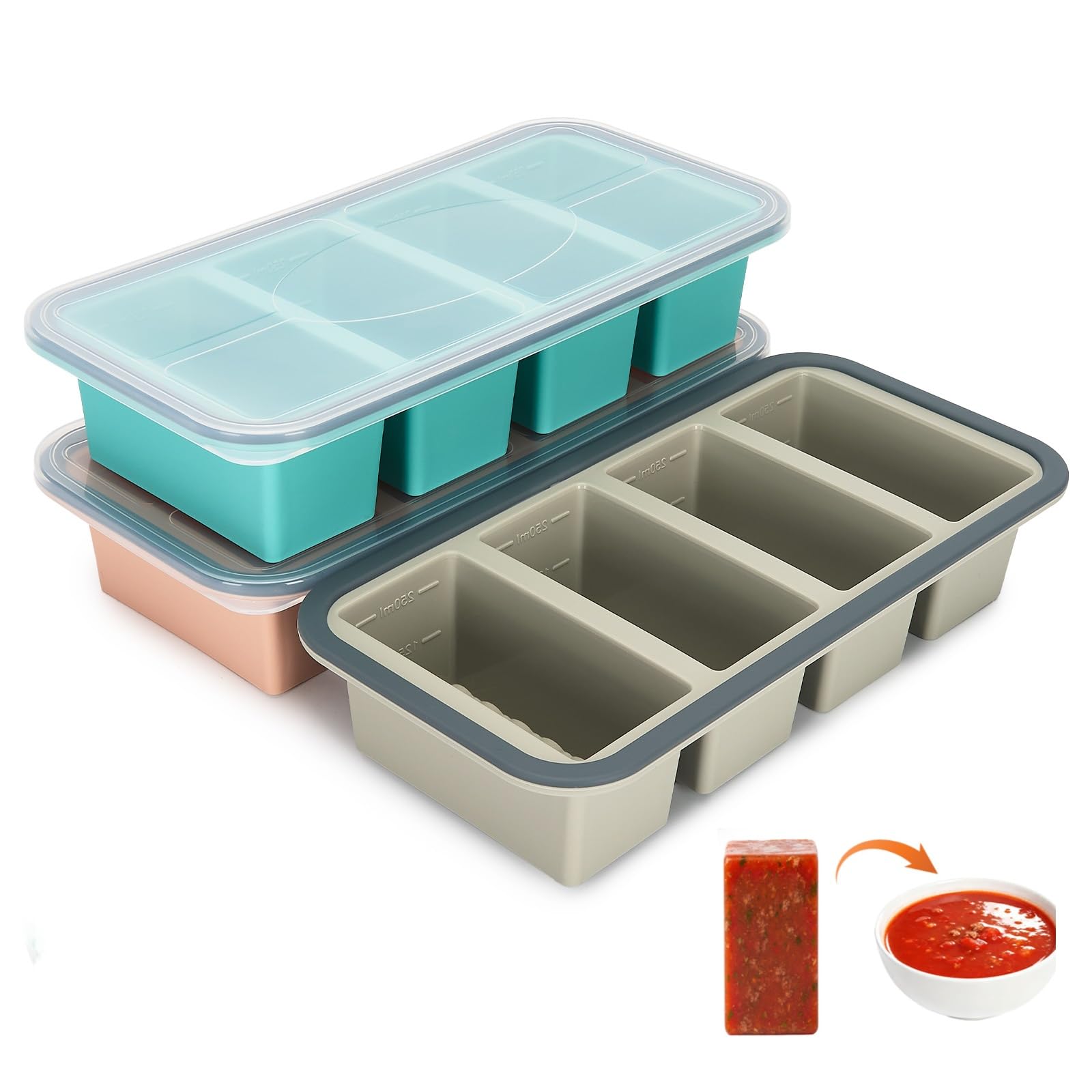 Silikonowy pojemnik z pokrywką, zestaw 3 szt., po 4 komory, na zupę, bulion, sosy i meal prep, podziałka 125/250 ml, wzmocniona krawędź, BPA free, sztaplowany