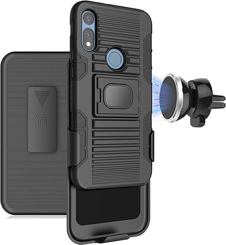 Funda para Moto E 2020, funda resistente Nakedcellphone negra con soporte de agarre para dedos + Funda de cadera para cinturón + Soporte magnético