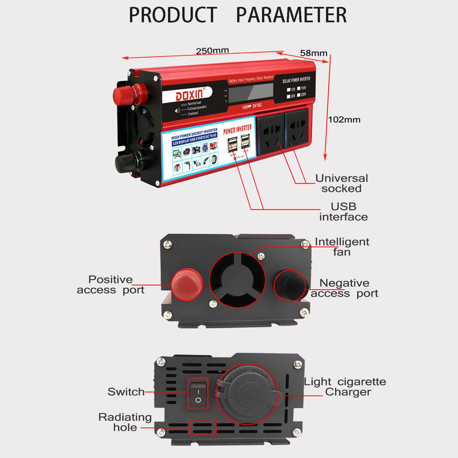 Przetwornica Napięcia DC 12V 24V do AC 110V 220V Przetwornica Napięcia z 4 ładowarkami USB, Przetwornica Samochodowa Używana do Laptopa, Tabletu, Szczytowa 2000W,24V-220V