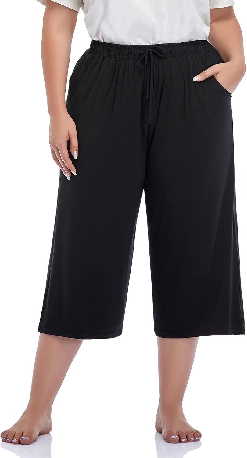 ZERDOCEAN Women's Plus Size Wide Leg Casual Lounge Pants Comfy Capris Relaxed Pajama Bottoms Drawstring Pockets
