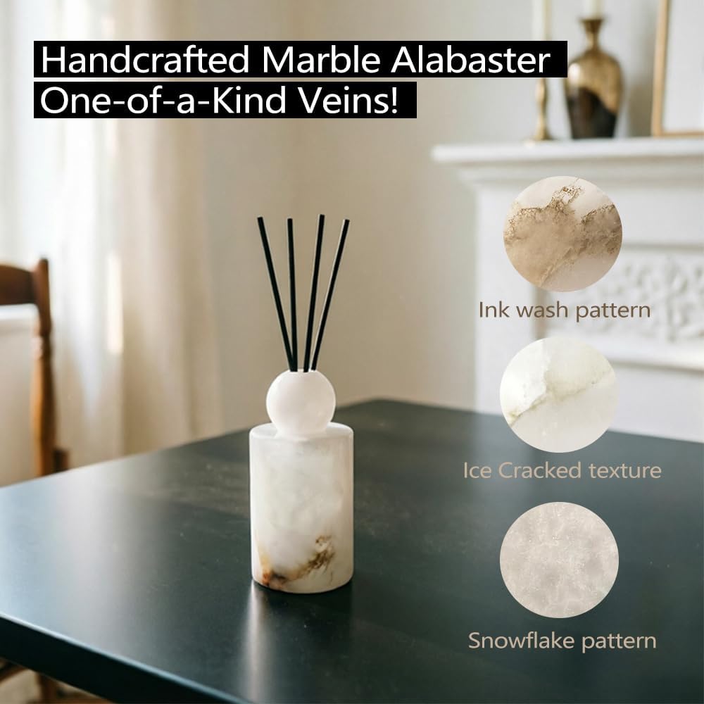 Marble Essential Oil Diffuser Bottle Empty Aromatherapy Reed Diffuser Fragrance Home Decor Bathroom Living Room Spas Gift Set Stone Roma Diffuser Jar (White, Cylindrical, 50, Milliliters)