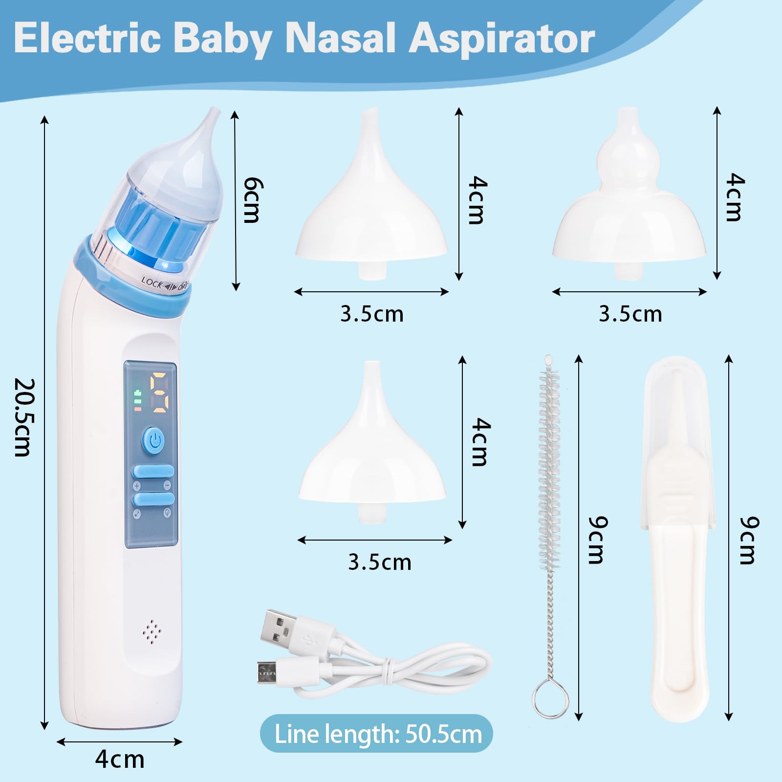 Elektryczny aspirator do nosa, 5 poziomów ssania, akumulatorowy odkurzacz do nosa, z końcówkami w 3 rozmiarach, funkcją muzyki i światła, aspirator do nosa dla niemowląt dzieci i dorosłych