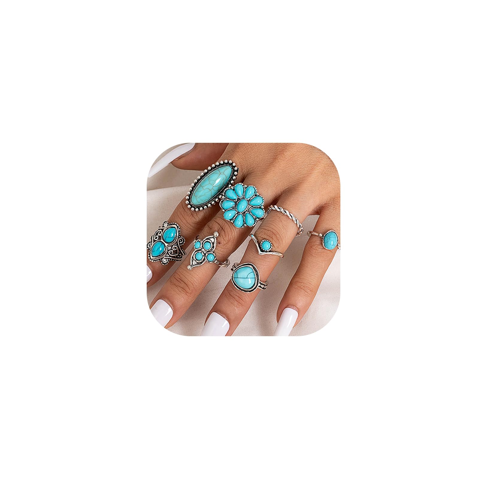 Bohemian Turquoise Ring Set for Women,Vintage Western Rings Chunky Turquoise Opal Stackable Knuckle Ring Set Punk Midi Finger Ring Pack Boho