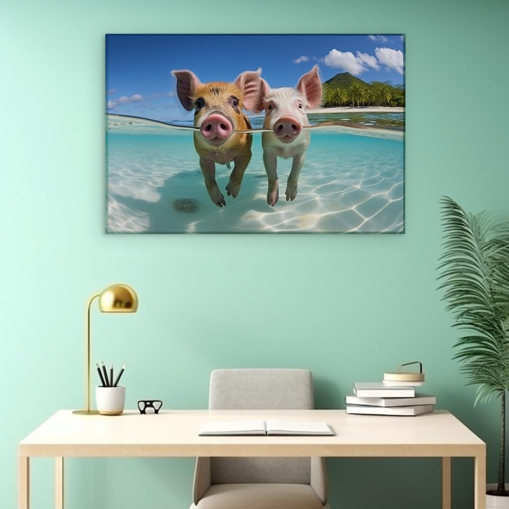Canvas for Living room. Swimming Pigs in Paradise: An Idyllic Snapshot of Nature's Unexpected Swimmers, 27 x 18 inch Canvas Wall Art - Modern Home Decor