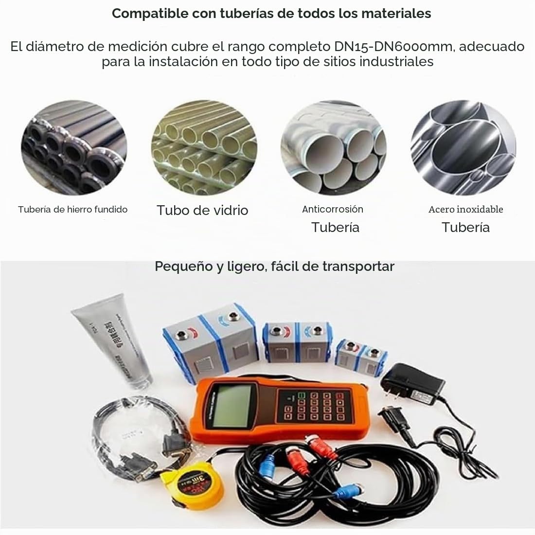 Caudalímetro Ultrasónico Portátil,Medidor De Flujo Ultrasónico Digital,Precisión ±1% con Registrador De Datos,Medidor De Flujo De Agua Líquido,Transductor Estándar,-30~90°C,DN300-DN6000
