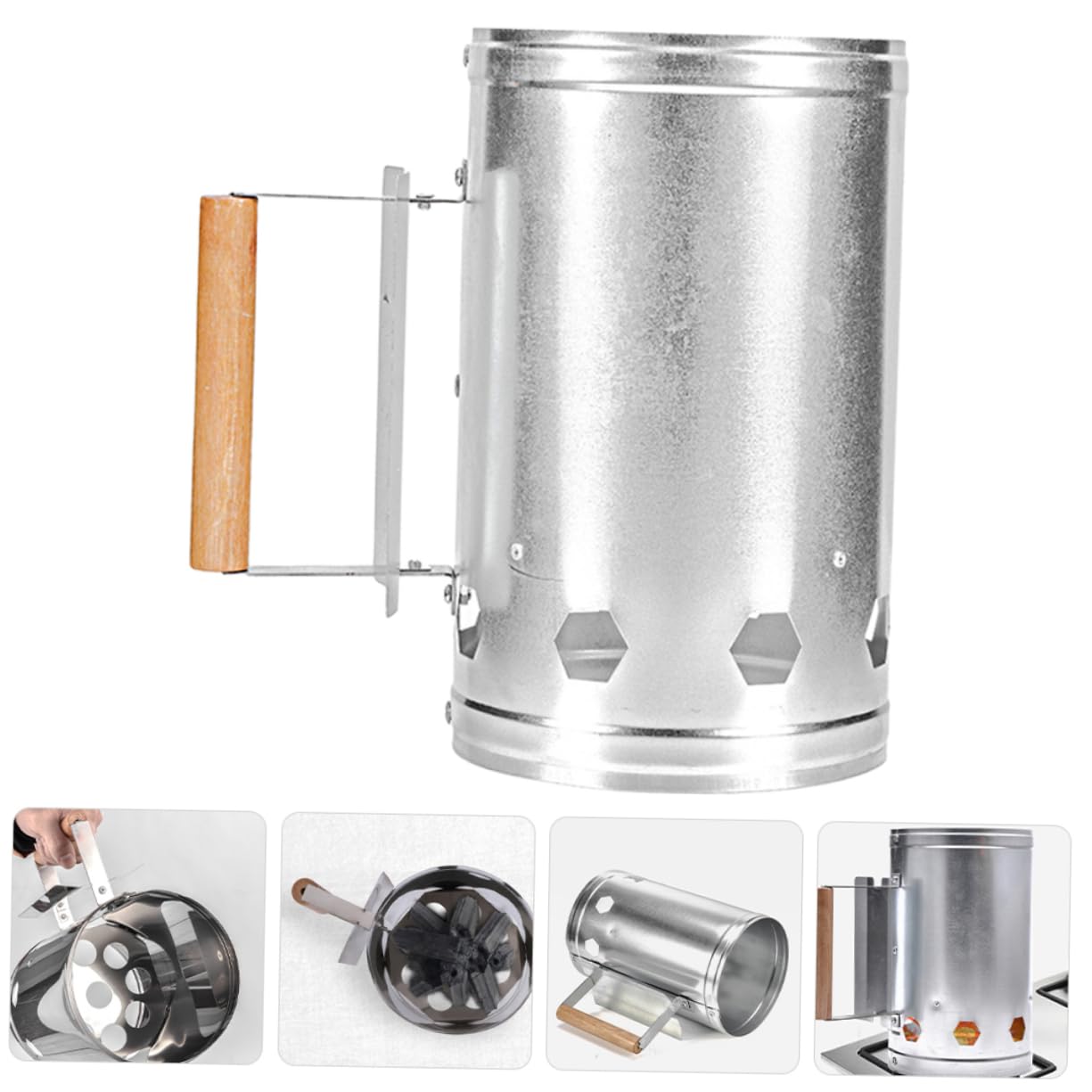 VANZACK Encendedor de Carbón con Mango de Madera para Chimenea y Barbacoa | Color Plata, Metal y Madera, Ignición Rápida y Protección Térmica, Uso en Camping y Jardín
