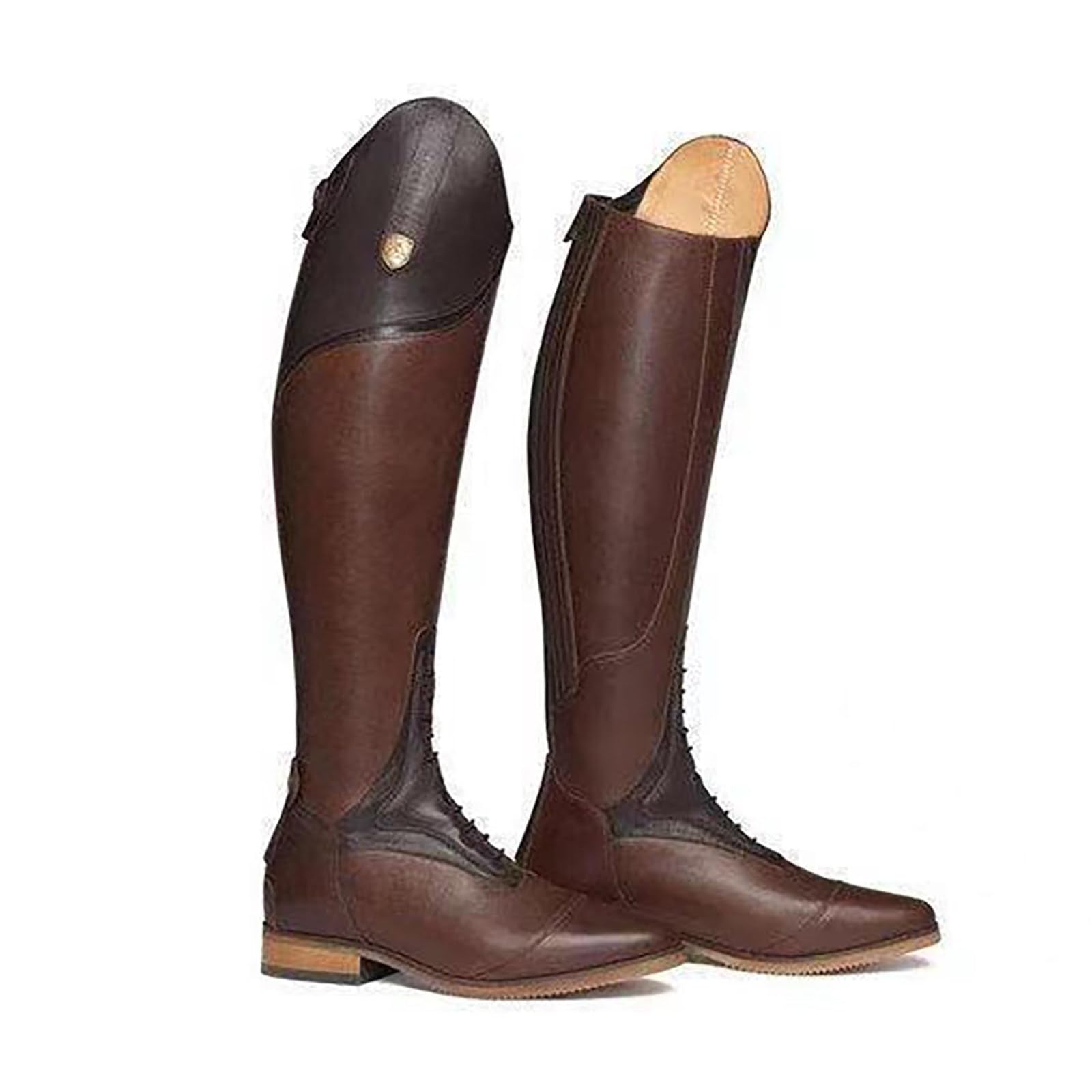 Kniehohe Reitstiefel (Größen 34-48), Outdoor-Radstiefel, Reißverschluss Hinten + Spitze Zehenpartie, Unisex + rutschfest, Mittelhoher Absatz (3-5 cm), Für Alle Jahreszeiten Brown-34