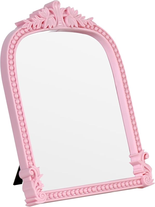 Espelho de maquiagem arqueado rosa LuHeToz com moldura de plástico, 27,0 x 21,0 cm