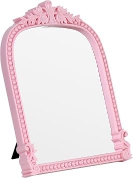 Pink Plastic Arched Makeup Mirror, Standing, Hanging or Wall Mount, Bathroom, Living Room, Bedroom White and Decorative Mirror Pink-10.6 x 8.6 inch