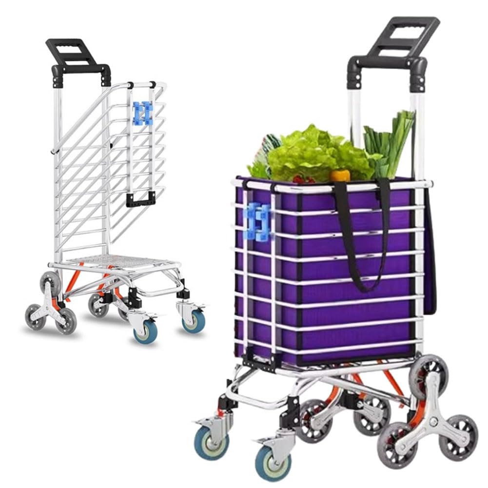 Treppensteiger Trolley mit Doppel Sicherheitsverriegelung, Robuster Klappbarer Transportwagen, 30mm Aluminium Rahmen & PU Räder für Einkäufe, Koffer und Logistik Purple Without Lid