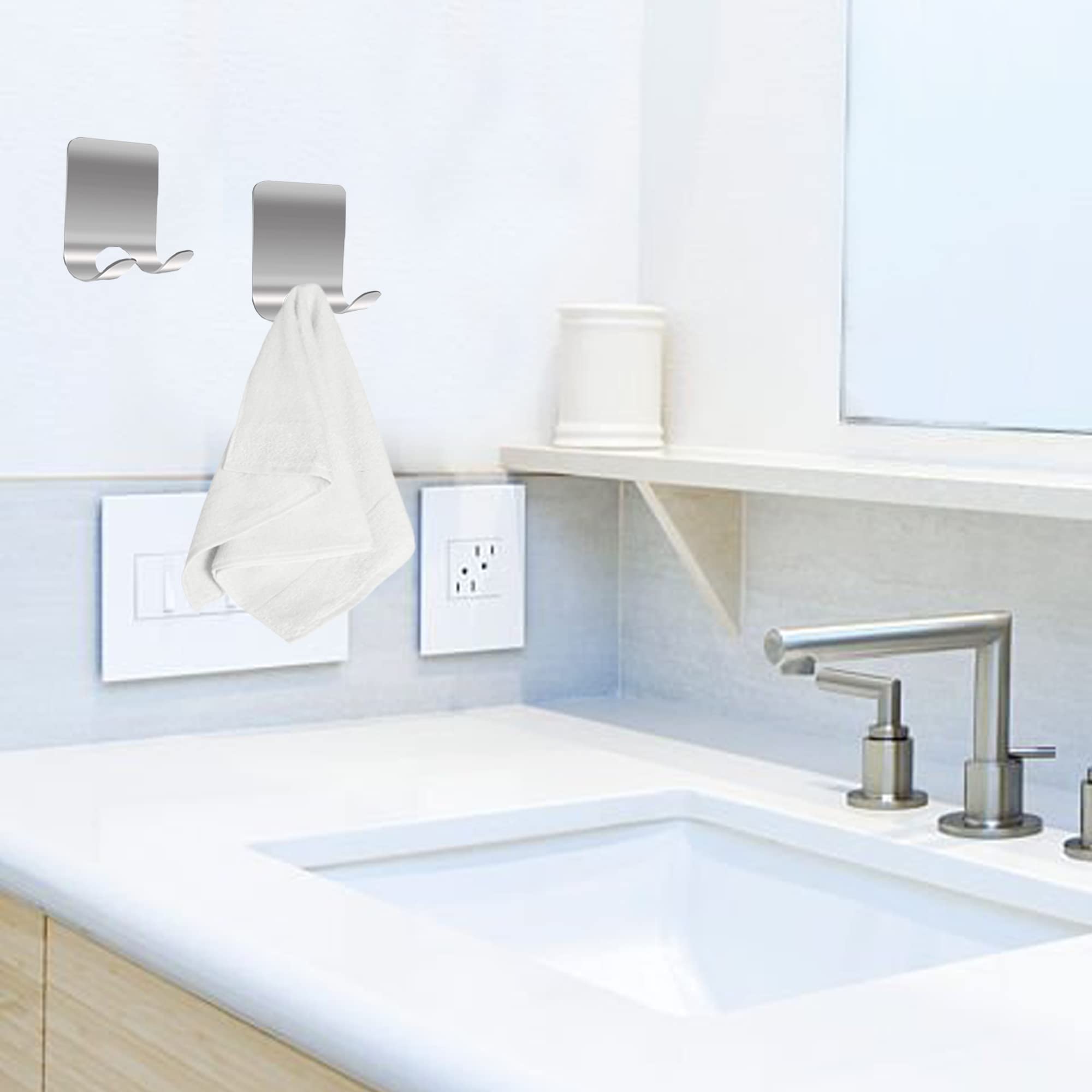 Performore Paquete de 2 perchas de acero inoxidable con respaldo plano y adhesivo de espuma de 3 m, ganchos de ducha adhesivos, colgadores de toallas para baño o pared de cocina