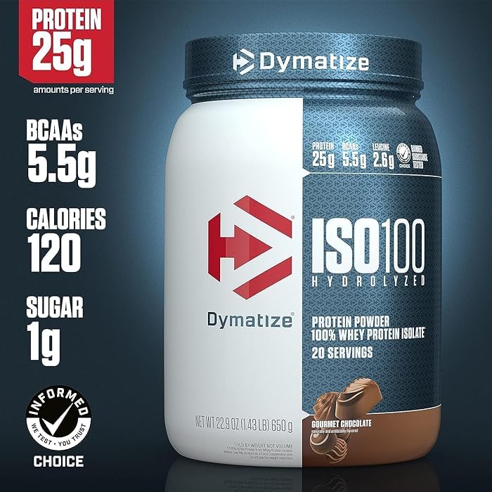 Image of Dymatize ISO100 Hydrolyzed Protein Powder, 100% Whey Isolate Protein, 25g of Protein, 5.5g BCAAs, Gluten Free, Fast Absorbing, Easy Digesting, Gourmet Chocolate, 3 Pound (42 Servings)