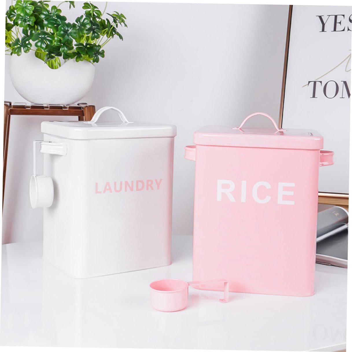 BETOOKY Pet Food Storage Container Airtight Iron Grain Bucket with Measuring Cup Pink Sealed Food Bin at Home