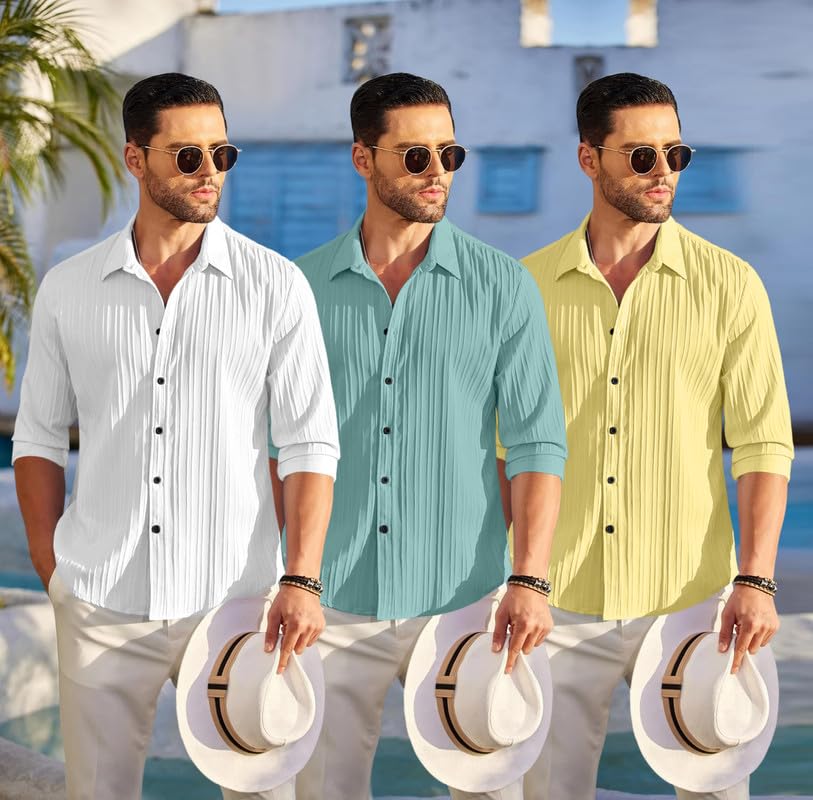 Image of FINIVO FASHION Combo of Men's Casual Cotton Plain Button Down Shirt Long Sleeve Textured Summer Beach Shirt for Men Pack of 3