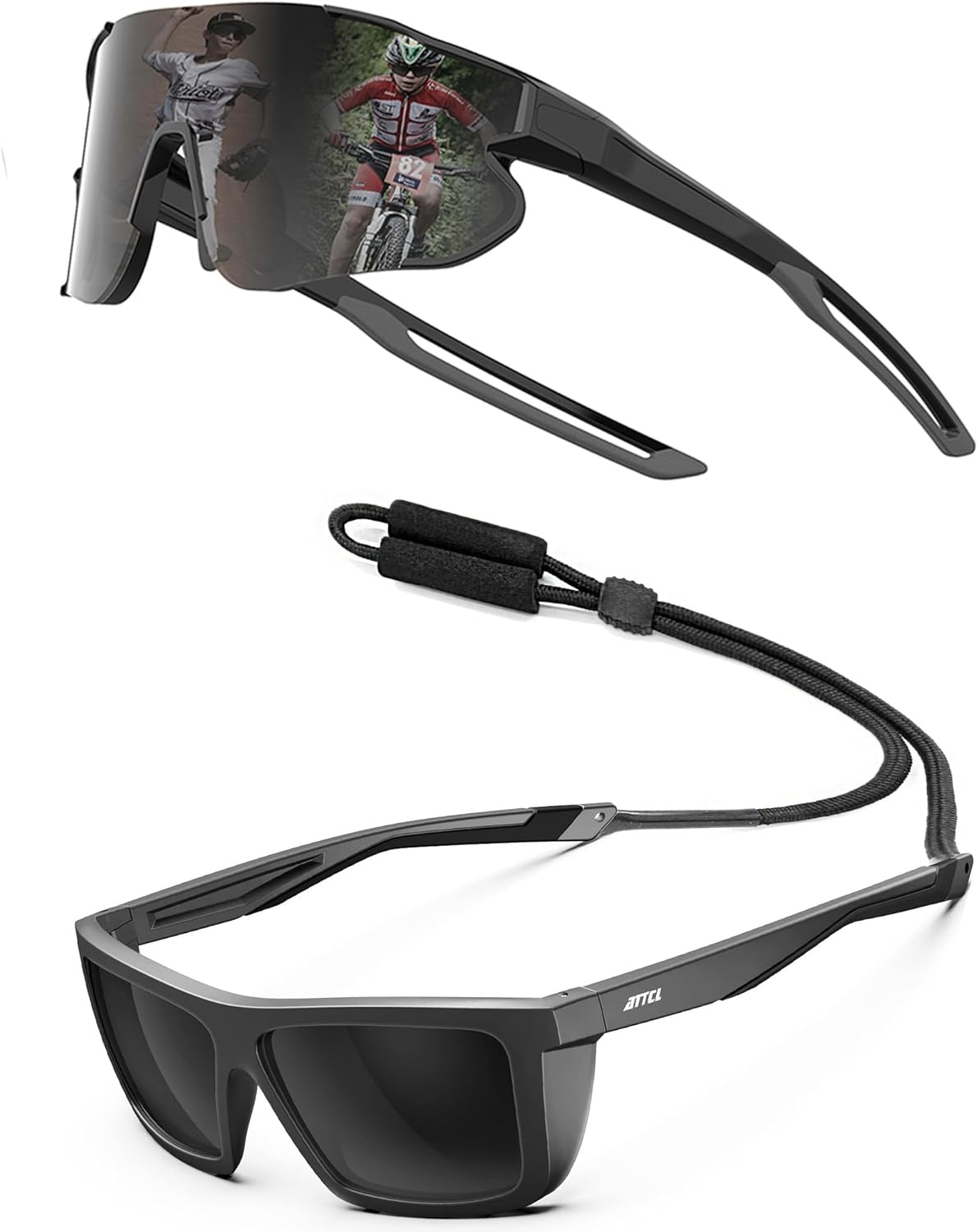 ATTCL Bundle Sports Polarized Sunglasses For Men Women Cycling Driving Fishing UV Protection Sunglass:(XQ548-Black-Grey)+(1124-Back-All)