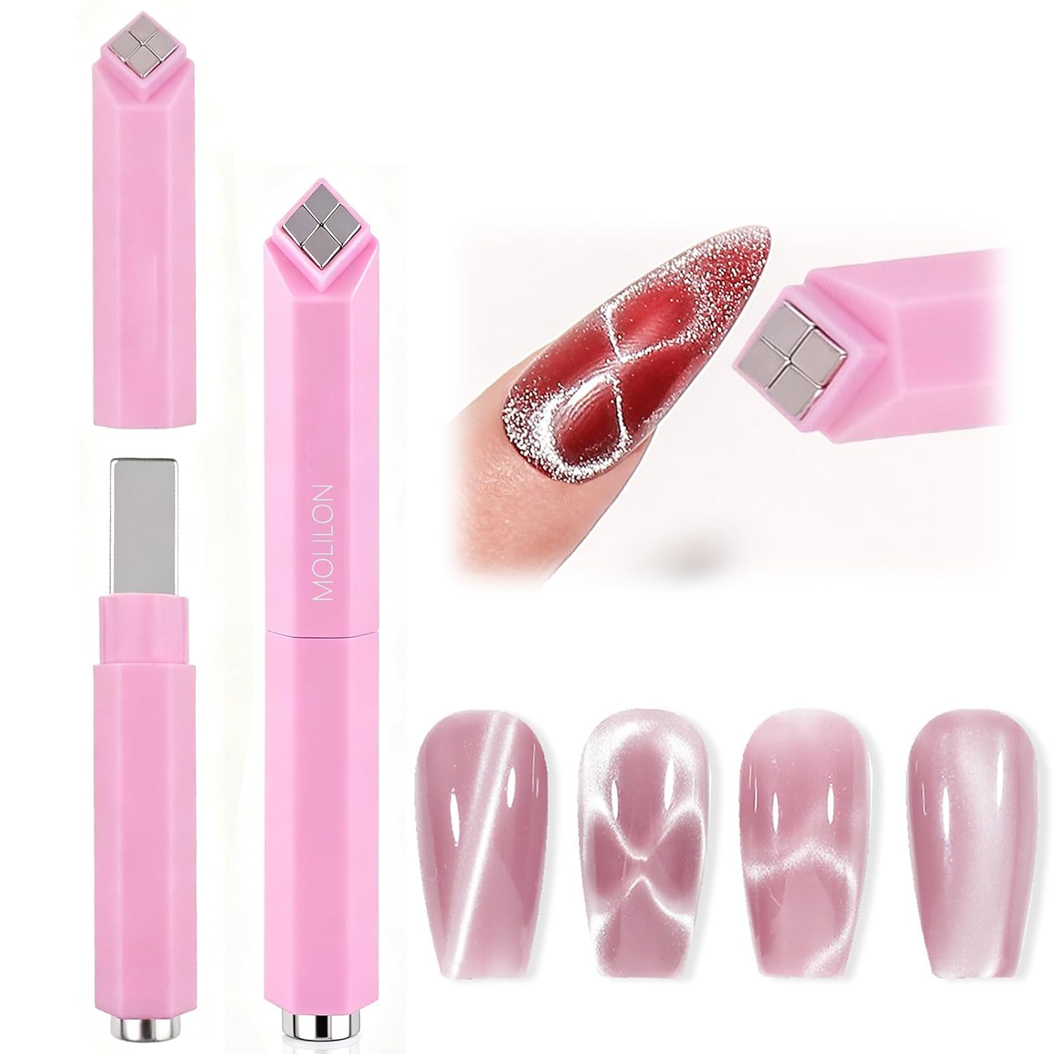 Cat Eye Magnet for Nails, 4-in-1 Nail Cat Eye Nail Magnets Multifunctional Magnetic Gel Nail Polish Magnet, Essentials Strong Cat's Eye Nail Tool for Art Home & Salon Use - Pink
