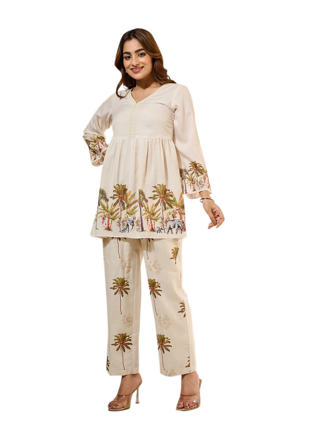 Women's Self Design Viscose Rayon Cream Top Trousers Co-Ords(VC_5089CO)-image-25