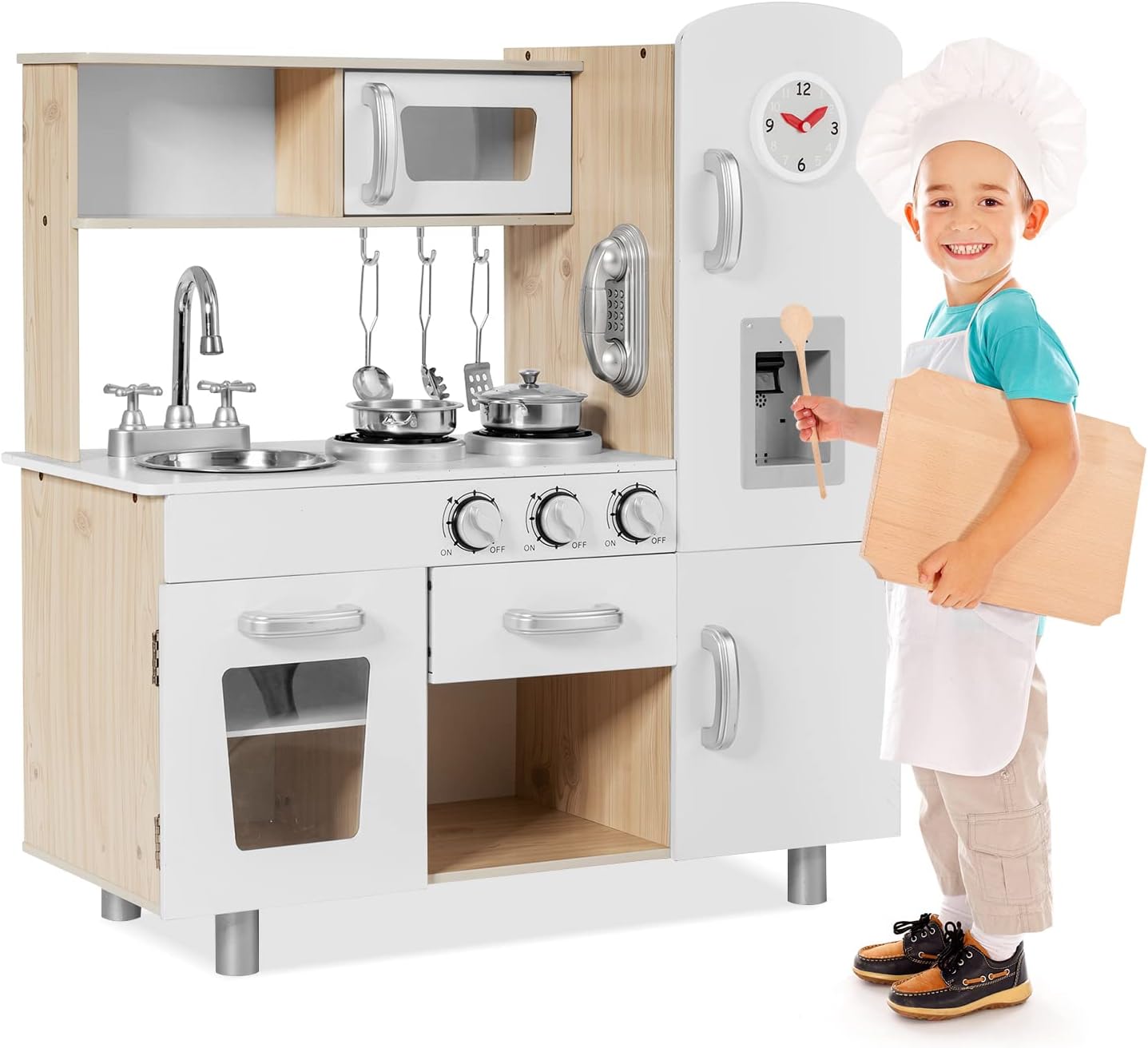 GYMAX Wooden Play Kitchen, Kids Toy Kitchen with Microwave, Fridge