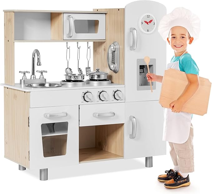 Cuisine Enfants 3 Ans +,COSTWAY - 82 Accessoires, 2 Faces (Autre Côté : Epicerie), Lumière Et Son Réalistes - Jeux - Jouets